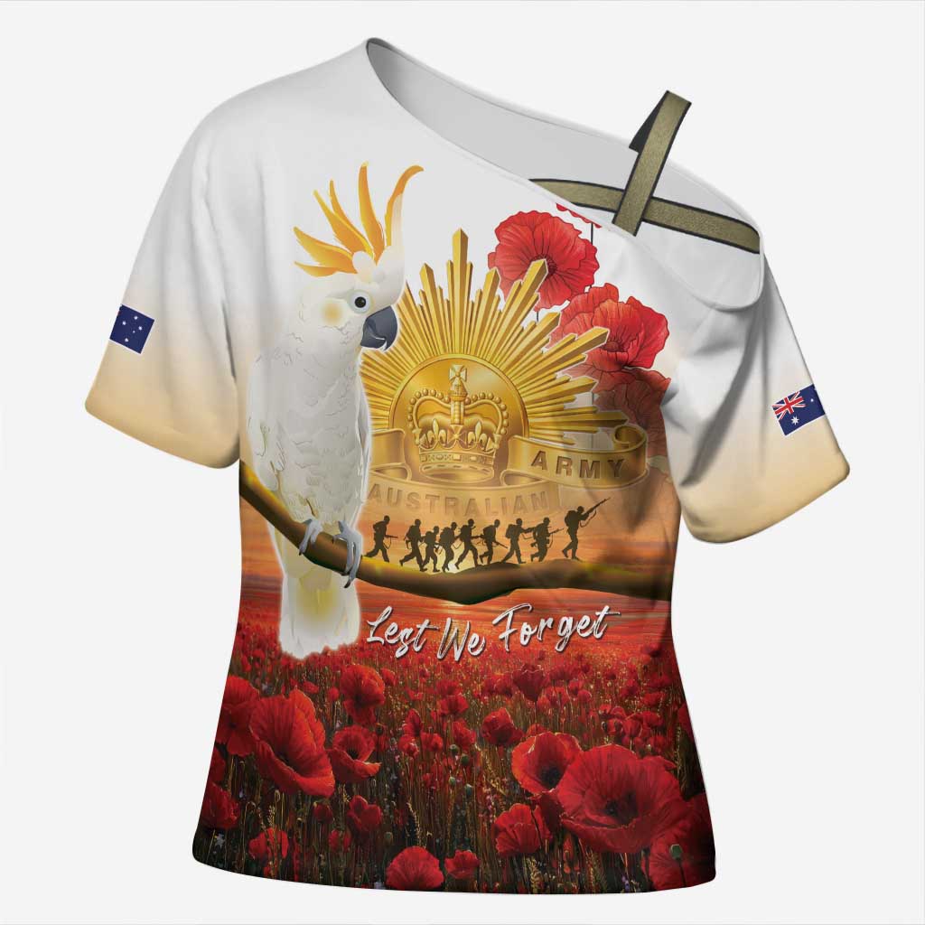 Australia Cockatoo ANZAC Day Cross Shoulder Shirt Lest We Forget