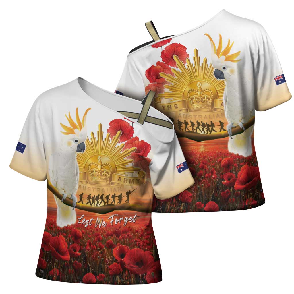 Australia Cockatoo ANZAC Day Cross Shoulder Shirt Lest We Forget