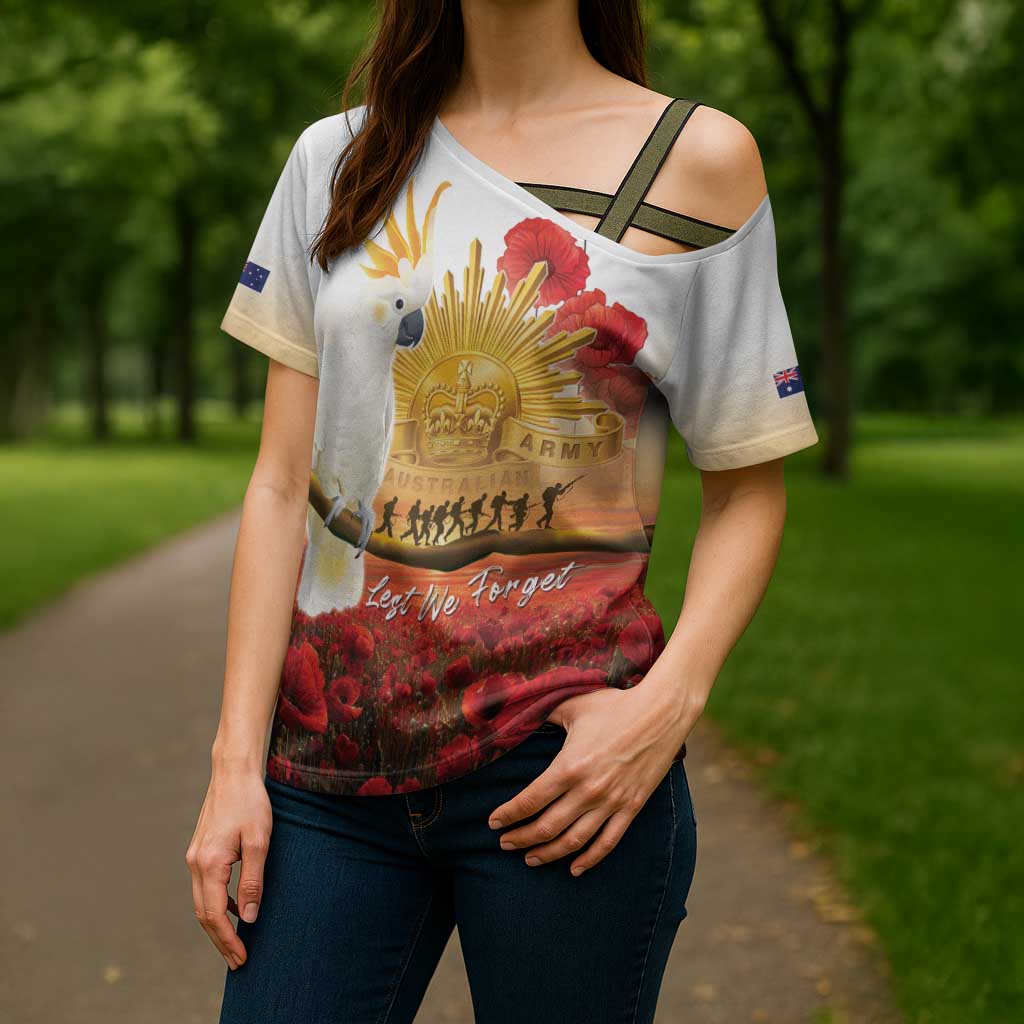 Australia Cockatoo ANZAC Day Cross Shoulder Shirt Lest We Forget
