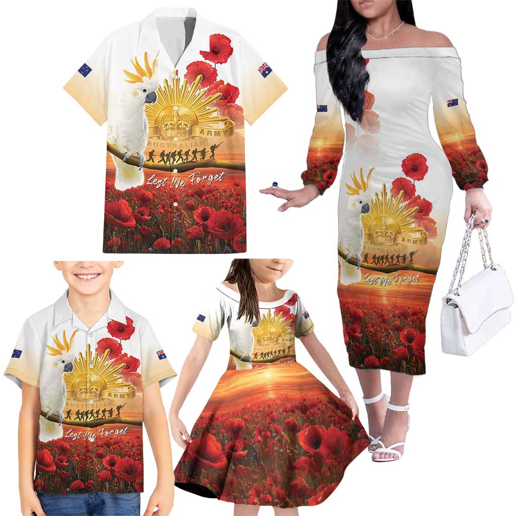 Australia Cockatoo ANZAC Day Family Matching Off The Shoulder Long Sleeve Dress and Hawaiian Shirt Lest We Forget