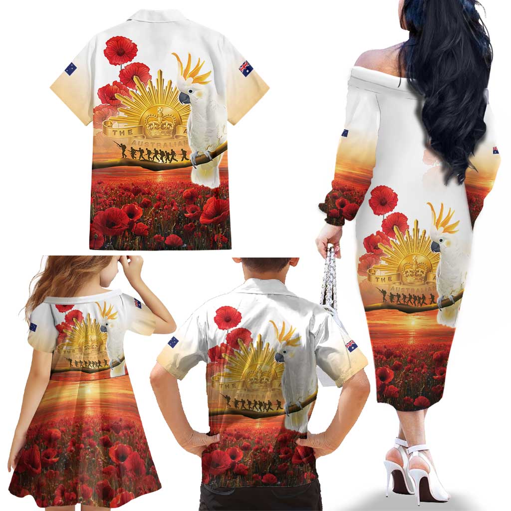 Australia Cockatoo ANZAC Day Family Matching Off The Shoulder Long Sleeve Dress and Hawaiian Shirt Lest We Forget