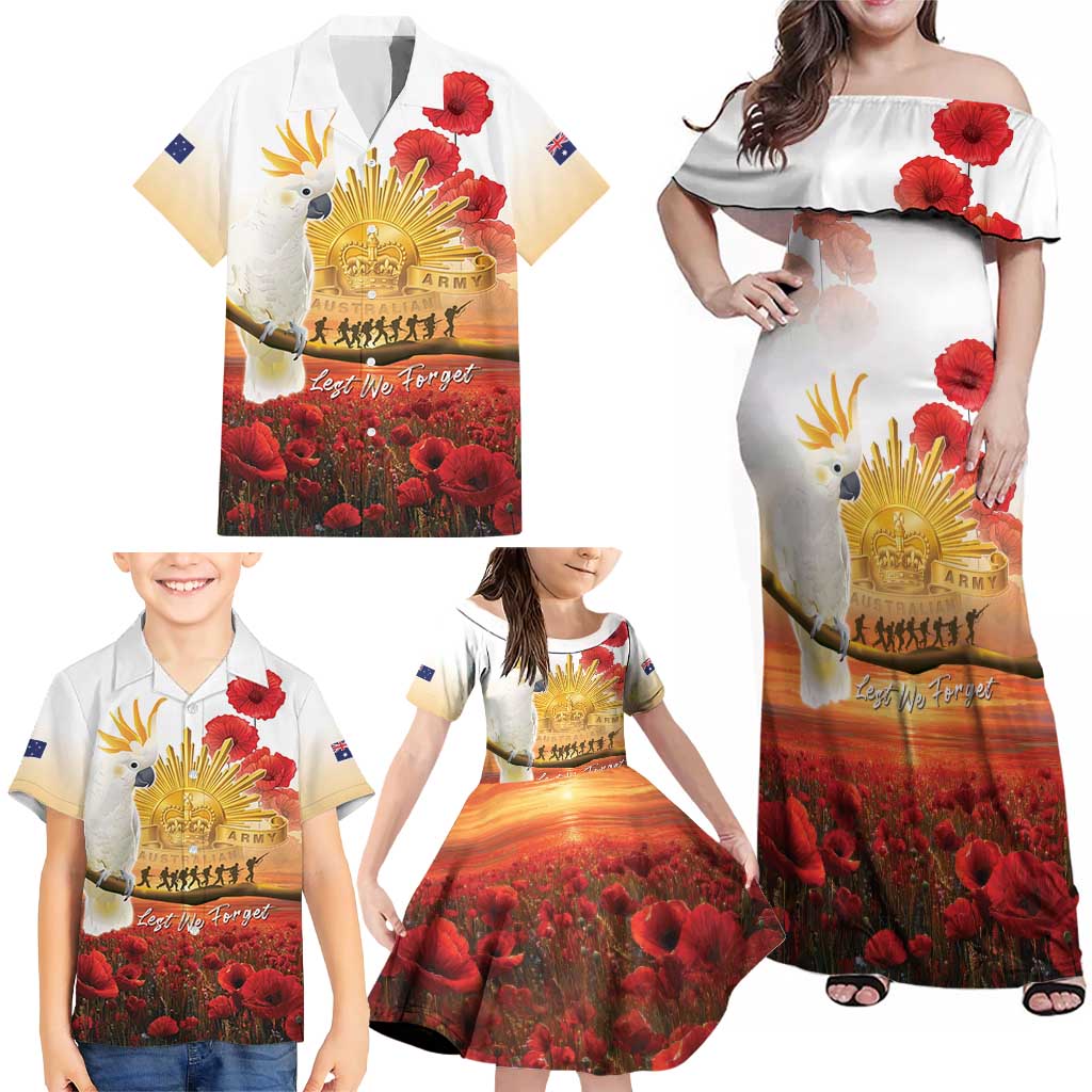 Australia Cockatoo ANZAC Day Family Matching Off Shoulder Maxi Dress and Hawaiian Shirt Lest We Forget
