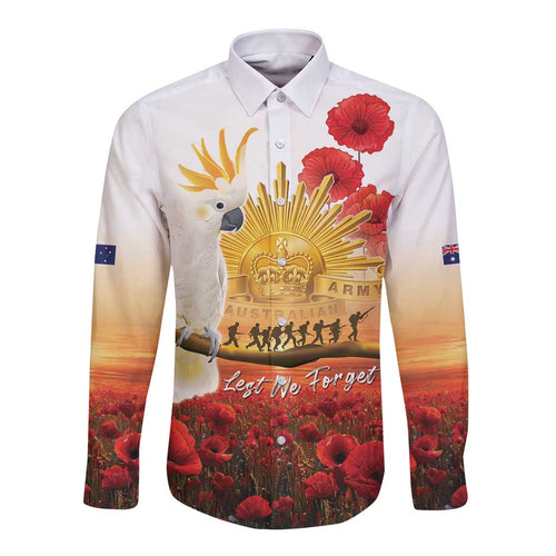 Australia Cockatoo ANZAC Day Long Sleeve Button Shirt Lest We Forget