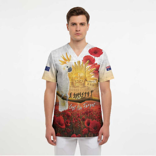Australia Cockatoo ANZAC Day Scrub Top Lest We Forget