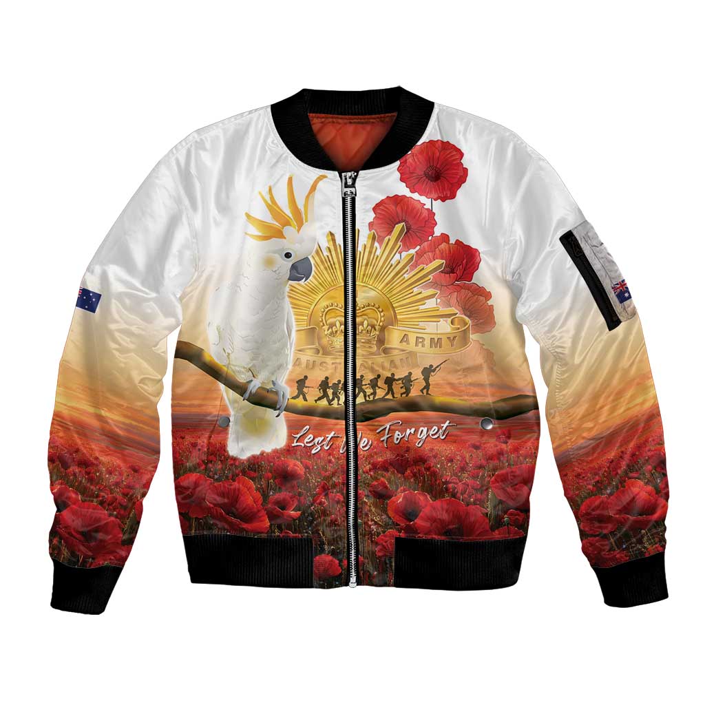 Australia Cockatoo ANZAC Day Sleeve Zip Bomber Jacket Lest We Forget