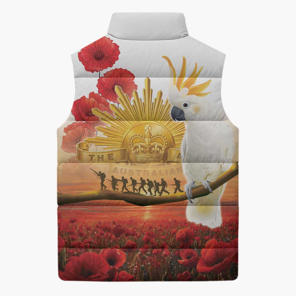 Australia Cockatoo ANZAC Day Sleeveless Puffer Jacket Lest We Forget