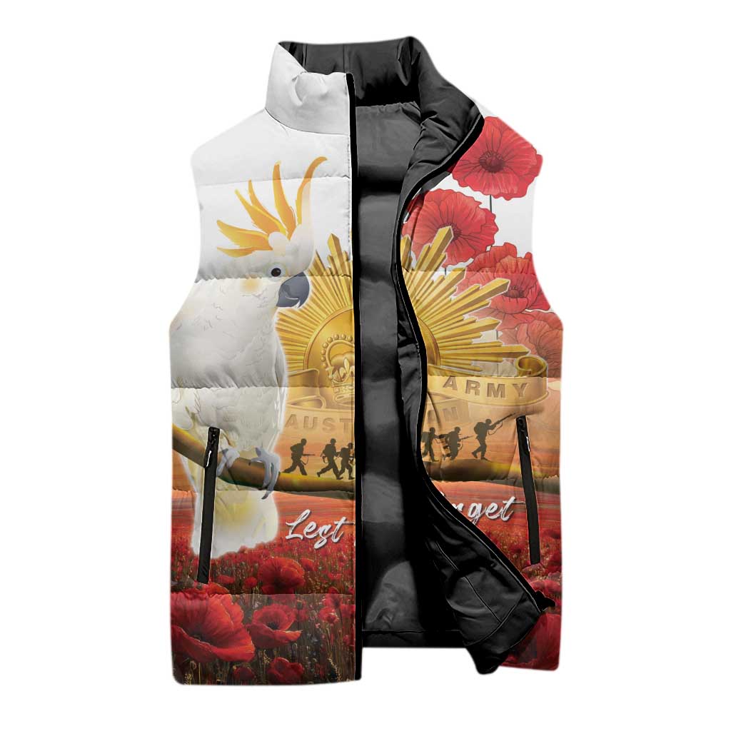 Australia Cockatoo ANZAC Day Sleeveless Puffer Jacket Lest We Forget
