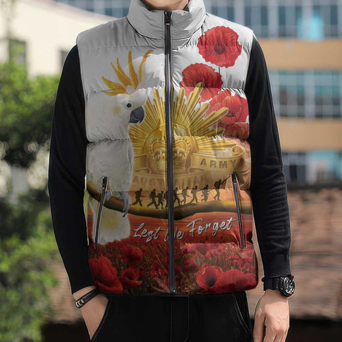 Australia Cockatoo ANZAC Day Sleeveless Puffer Jacket Lest We Forget