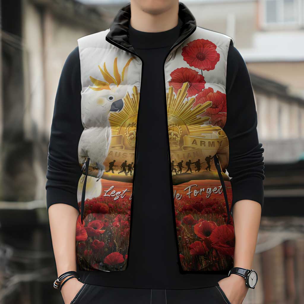 Australia Cockatoo ANZAC Day Sleeveless Puffer Jacket Lest We Forget