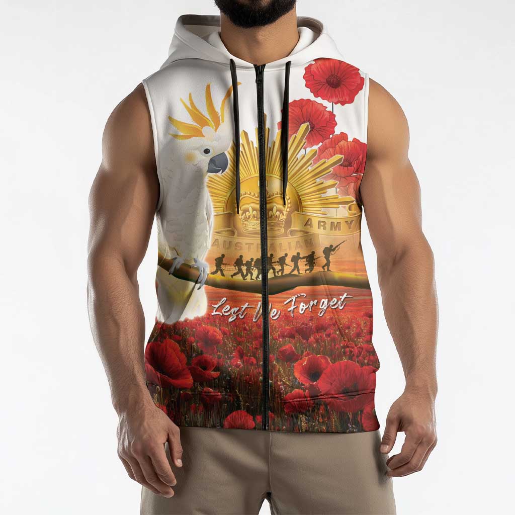 Australia Cockatoo ANZAC Day Sleeveless Zip Hoodie Lest We Forget