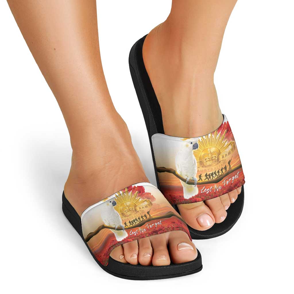 Australia Cockatoo ANZAC Day Slide Sandals Lest We Forget