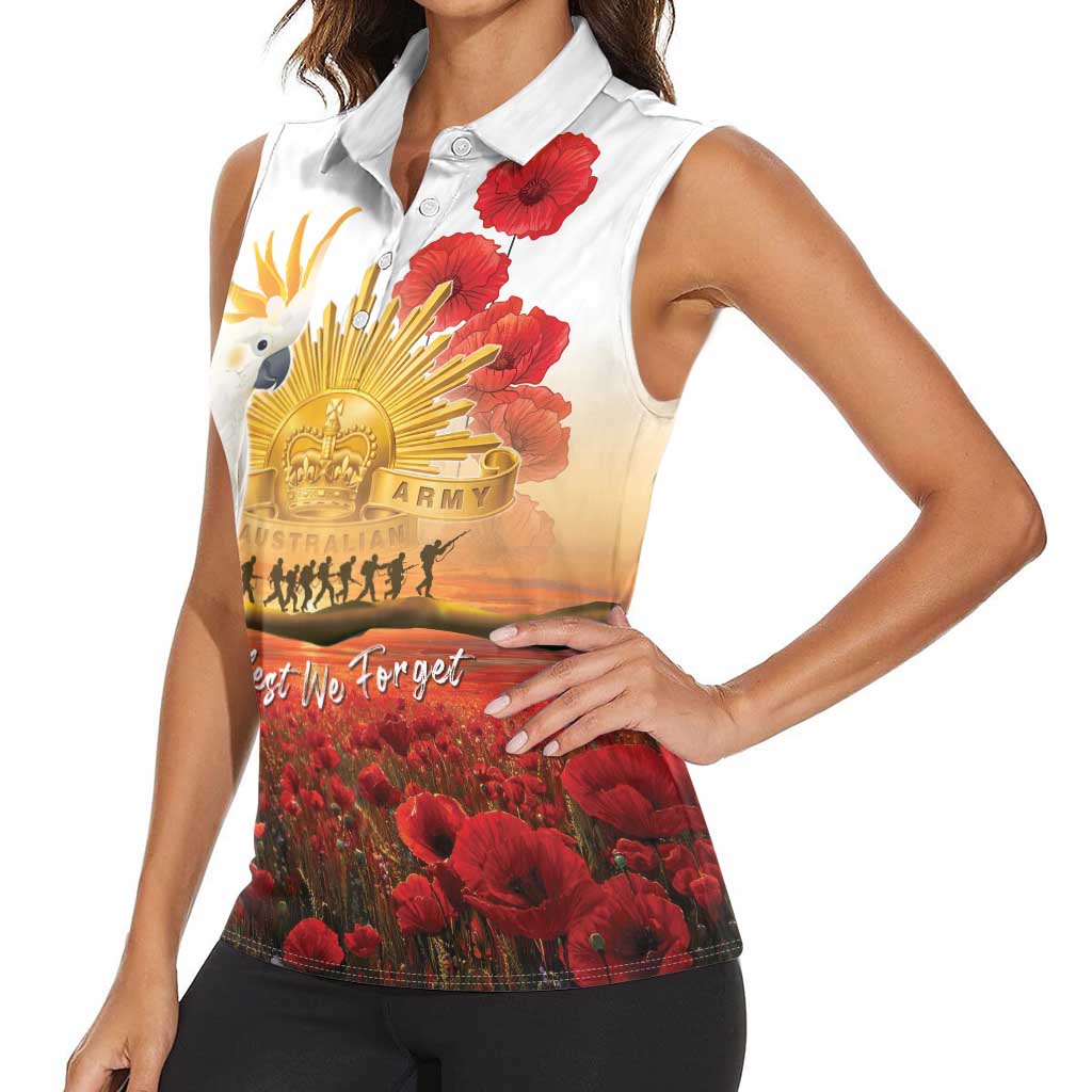 Australia Cockatoo ANZAC Day Women Sleeveless Polo Shirt Lest We Forget