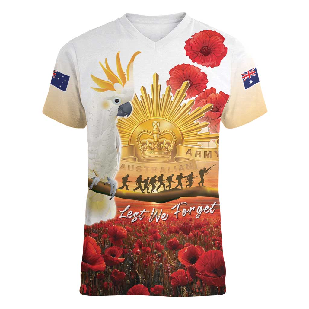 Australia Cockatoo ANZAC Day Women V-Neck T-Shirt Lest We Forget