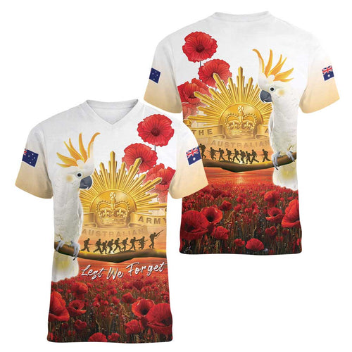 Australia Cockatoo ANZAC Day Women V-Neck T-Shirt Lest We Forget