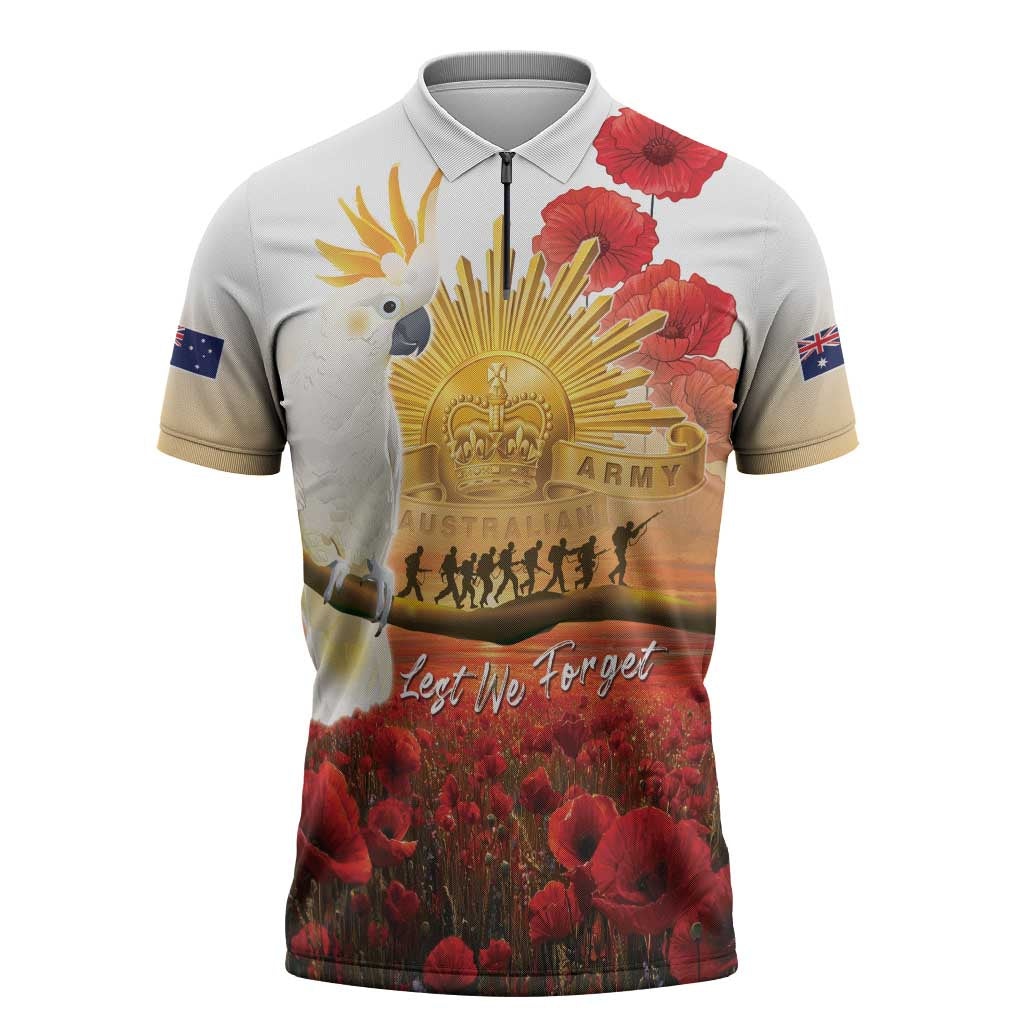 Australia Cockatoo ANZAC Day Zipper Polo Shirt Lest We Forget