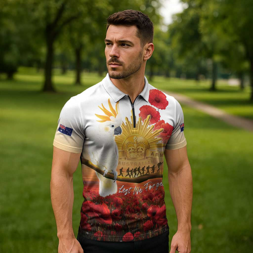 Australia Cockatoo ANZAC Day Zipper Polo Shirt Lest We Forget