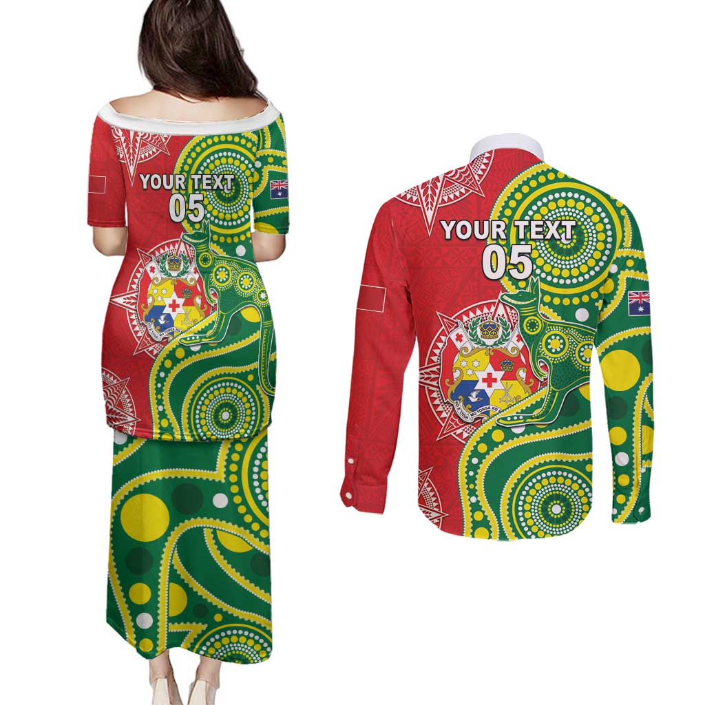 Custom Tonga Australia Rugby Couples Matching Puletasi and Long Sleeve Button Shirt Kangaroos And Tonga Mate Maa Together