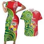 Custom Tonga Australia Rugby Couples Matching Short Sleeve Bodycon Dress and Hawaiian Shirt Kangaroos And Tonga Mate Maa Together