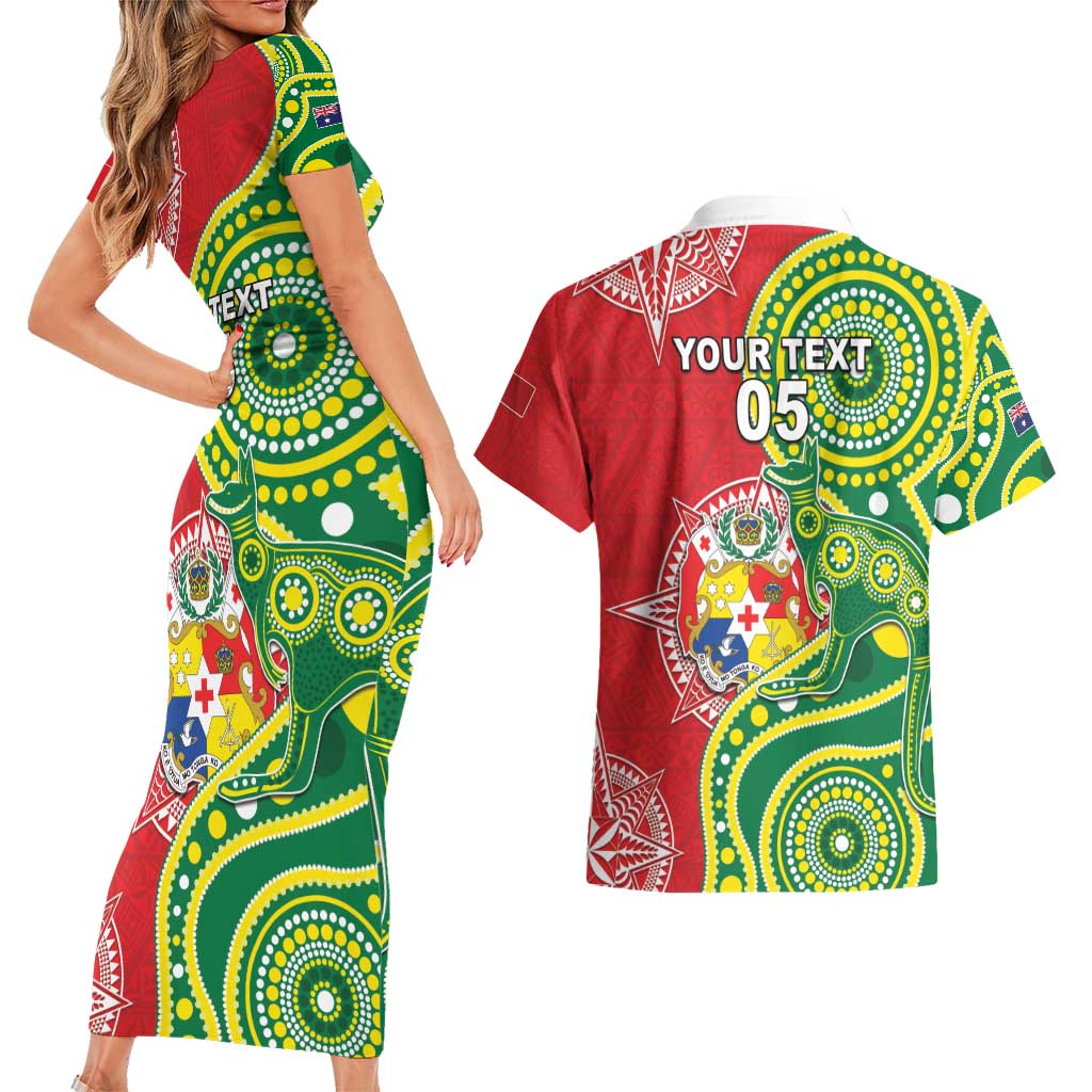 Custom Tonga Australia Rugby Couples Matching Short Sleeve Bodycon Dress and Hawaiian Shirt Kangaroos And Tonga Mate Maa Together