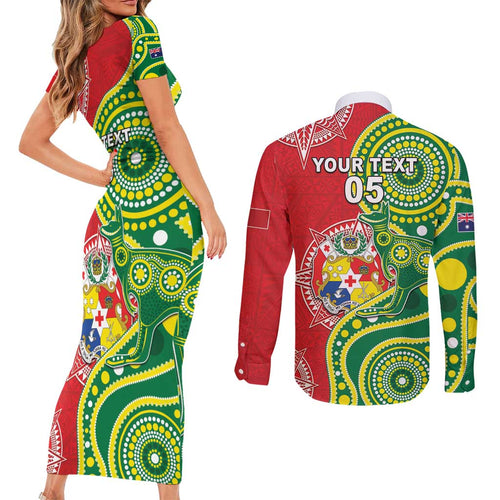 Custom Tonga Australia Rugby Couples Matching Short Sleeve Bodycon Dress and Long Sleeve Button Shirt Kangaroos And Tonga Mate Maa Together