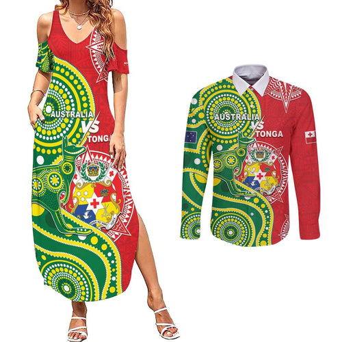 Custom Tonga Australia Rugby Couples Matching Summer Maxi Dress and Long Sleeve Button Shirt Kangaroos And Tonga Mate Maa Together