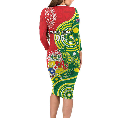 Custom Tonga Australia Rugby Family Matching Long Sleeve Bodycon Dress and Hawaiian Shirt Kangaroos And Tonga Mate Maa Together