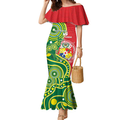 Custom Tonga Australia Rugby Family Matching Mermaid Dress and Hawaiian Shirt Kangaroos And Tonga Mate Maa Together