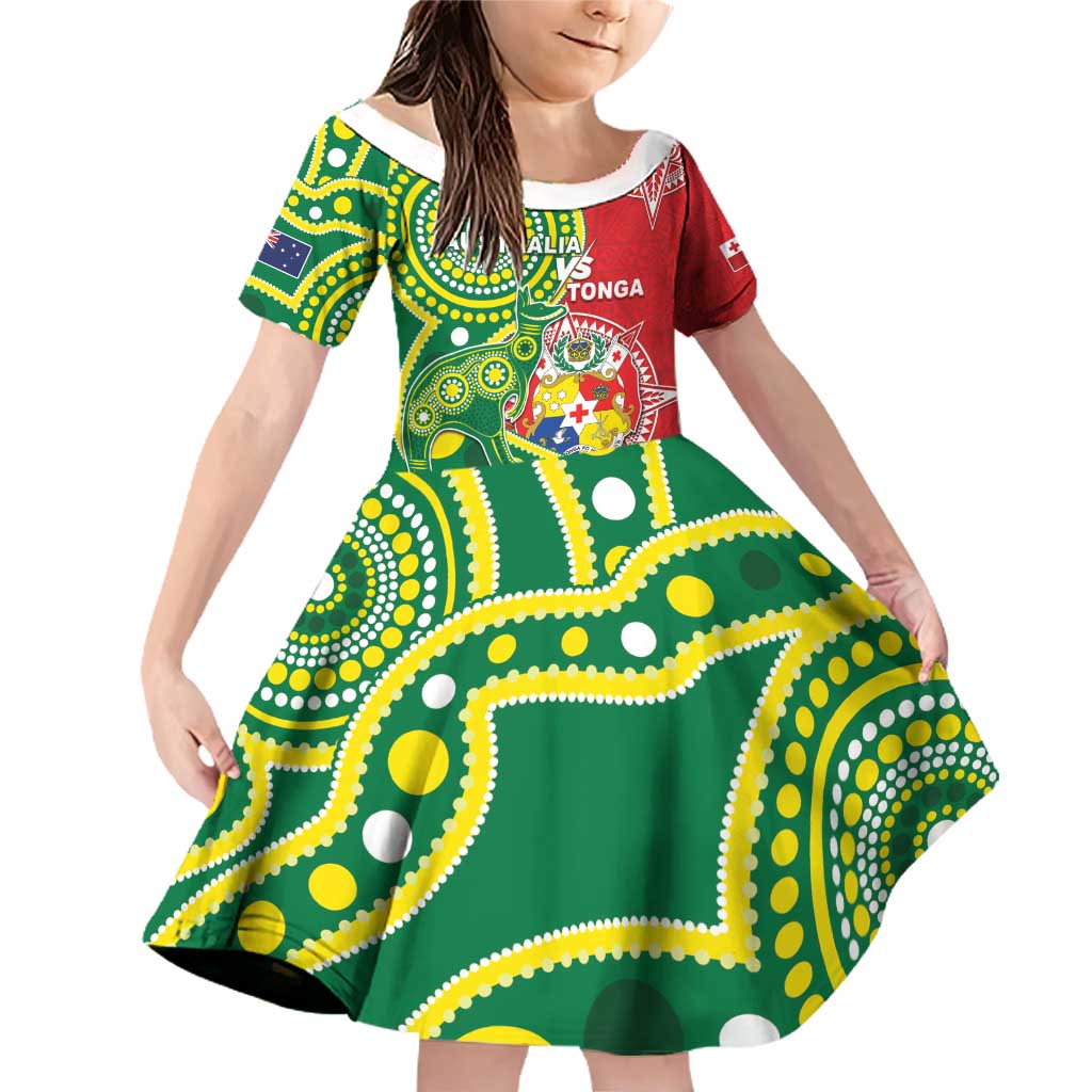 Custom Tonga Australia Rugby Family Matching Off Shoulder Short Dress and Hawaiian Shirt Kangaroos And Tonga Mate Maa Together