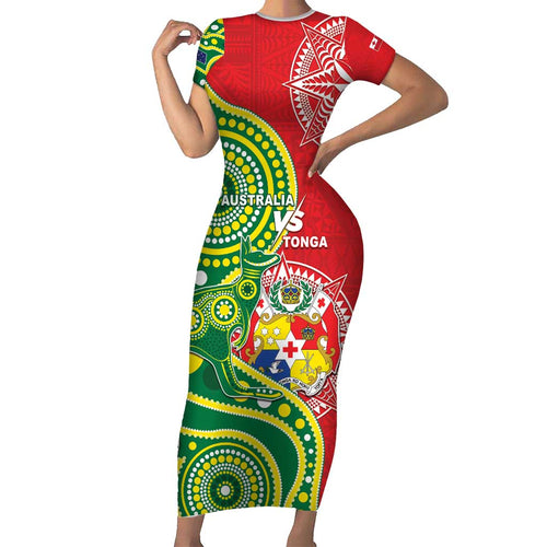 Custom Tonga Australia Rugby Family Matching Short Sleeve Bodycon Dress and Hawaiian Shirt Kangaroos And Tonga Mate Maa Together