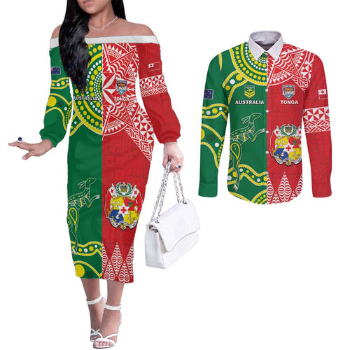 Custom Tonga XIII And Australia Kangaroos Couples Matching Off The Shoulder Long Sleeve Dress and Long Sleeve Button Shirt Mate Maa Tongan Ngatu With Aboriginal