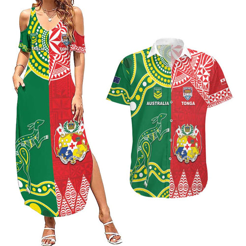 Custom Tonga XIII And Australia Kangaroos Couples Matching Summer Maxi Dress and Hawaiian Shirt Mate Maa Tongan Ngatu With Aboriginal