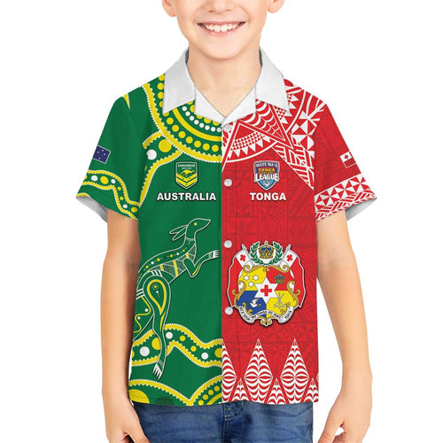 Custom Tonga XIII And Australia Kangaroos Family Matching Off Shoulder Short Dress and Hawaiian Shirt Mate Maa Tongan Ngatu With Aboriginal
