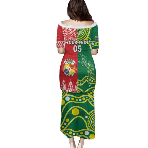 Custom Tonga XIII And Australia Kangaroos Family Matching Puletasi and Hawaiian Shirt Mate Maa Tongan Ngatu With Aboriginal
