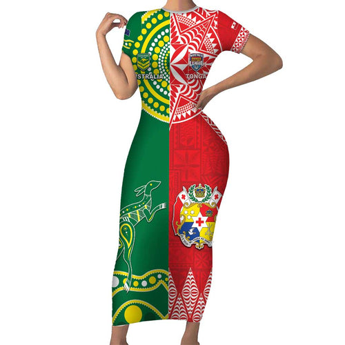 Custom Tonga XIII And Australia Kangaroos Family Matching Short Sleeve Bodycon Dress and Hawaiian Shirt Mate Maa Tongan Ngatu With Aboriginal
