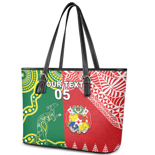 Custom Tonga XIII And Australia Kangaroos Leather Tote Bag Mate Maa Tongan Ngatu With Aboriginal