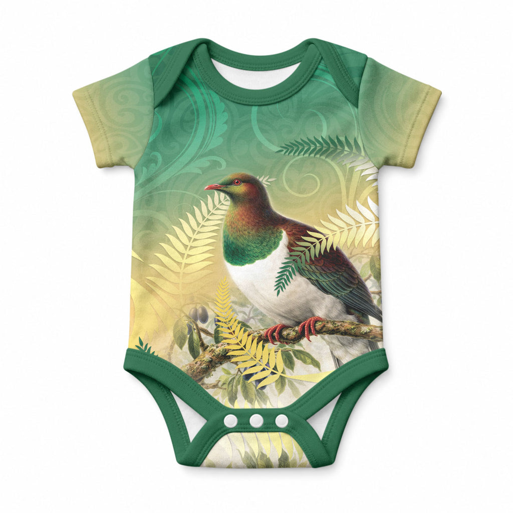 New Zealand Pigeon Kereru Baby Onesie Maori Fern Art Green Gradient
