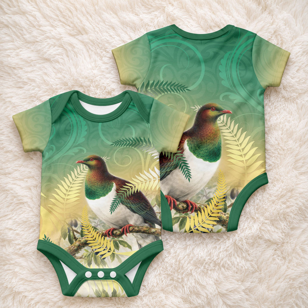 New Zealand Pigeon Kereru Baby Onesie Maori Fern Art Green Gradient