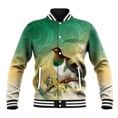 New Zealand Pigeon Kereru Baseball Jacket Maori Fern Art Green Gradient - Aussie Hoodie