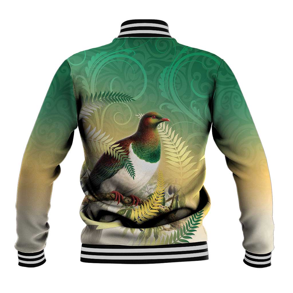New Zealand Pigeon Kereru Baseball Jacket Maori Fern Art Green Gradient - Aussie Hoodie