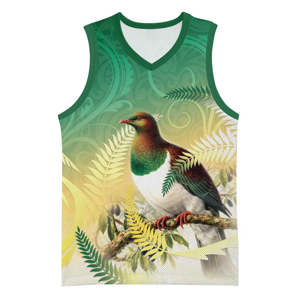 New Zealand Pigeon Kereru Basketball Jersey Maori Fern Art Green Gradient - Aussie Hoodie