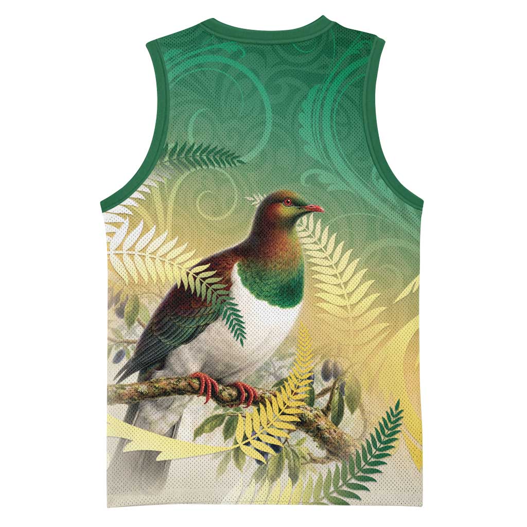 New Zealand Pigeon Kereru Basketball Jersey Maori Fern Art Green Gradient - Aussie Hoodie