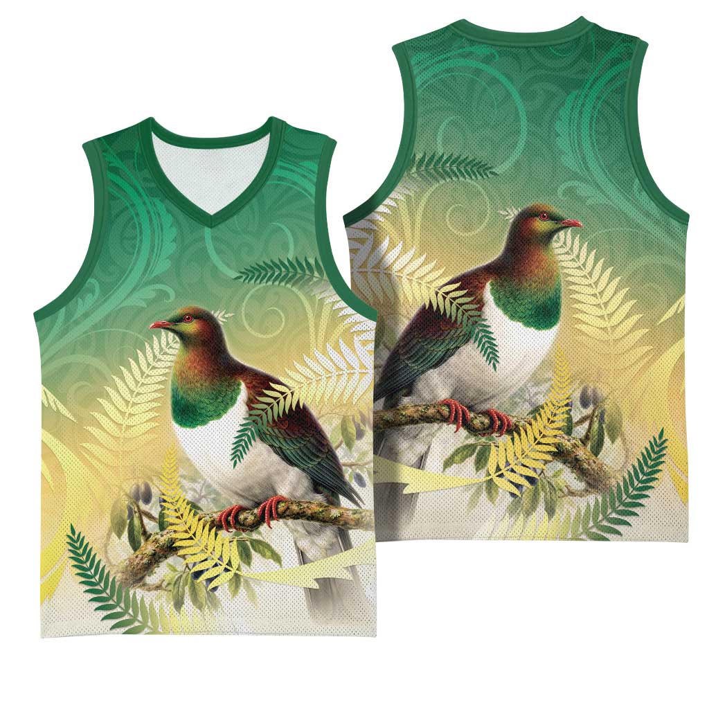 New Zealand Pigeon Kereru Basketball Jersey Maori Fern Art Green Gradient - Aussie Hoodie