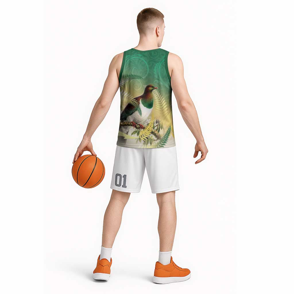 New Zealand Pigeon Kereru Basketball Jersey Maori Fern Art Green Gradient - Aussie Hoodie