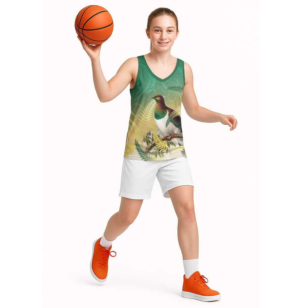 New Zealand Pigeon Kereru Basketball Jersey Maori Fern Art Green Gradient - Aussie Hoodie