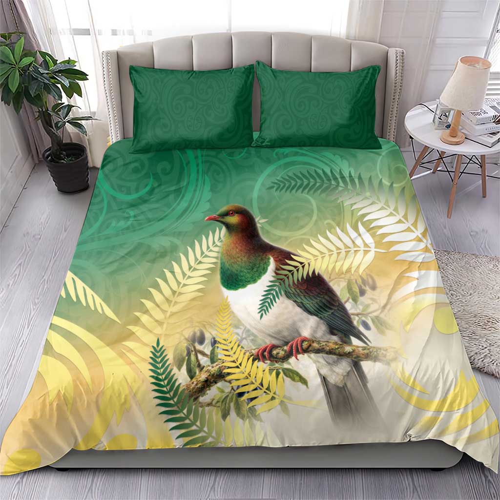 New Zealand Pigeon Kereru Bedding Set Maori Fern Art Green Gradient - Aussie Hoodie