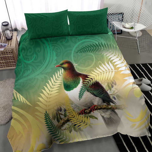 New Zealand Pigeon Kereru Bedding Set Maori Fern Art Green Gradient - Aussie Hoodie