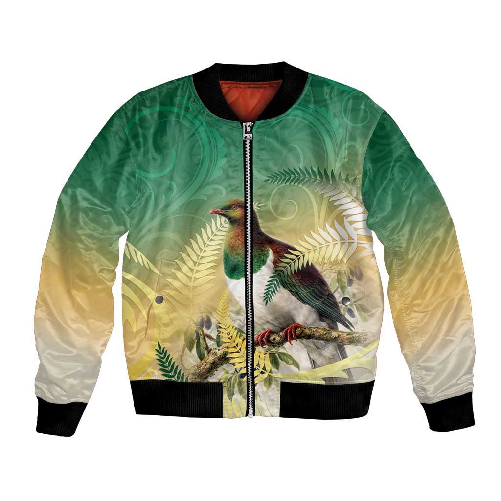 New Zealand Pigeon Kereru Bomber Jacket Maori Fern Art Green Gradient - Aussie Hoodie