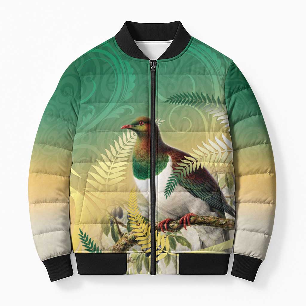 New Zealand Pigeon Kereru Bomber Puffer Jacket Maori Fern Art Green Gradient - Aussie Hoodie