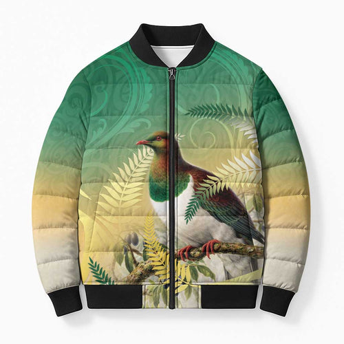 New Zealand Pigeon Kereru Bomber Puffer Jacket Maori Fern Art Green Gradient - Aussie Hoodie