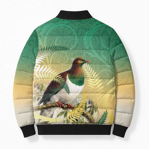 New Zealand Pigeon Kereru Bomber Puffer Jacket Maori Fern Art Green Gradient - Aussie Hoodie